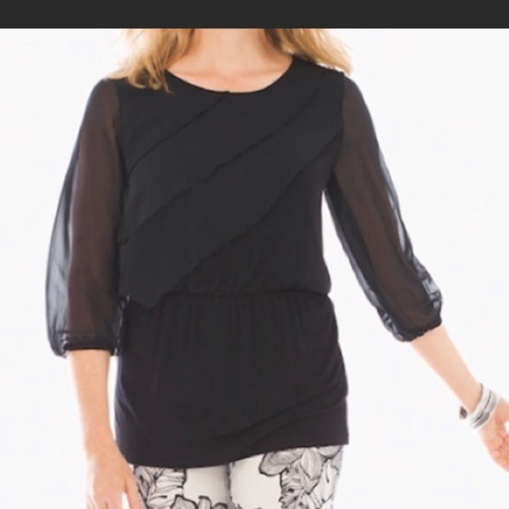 Chico’s Black Tiered 3/4 Sleeve Peplum Top Size 2